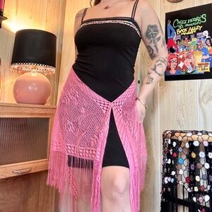 Vintage RAVE Pink Crochet Fringe Wrap Scarf Top/Skirt 2000s
